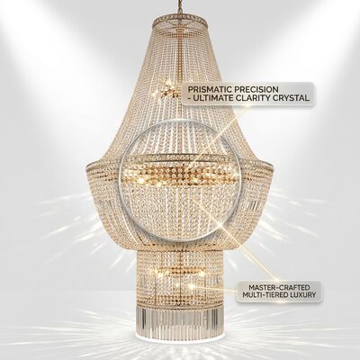 Custom Spanish Marble Column Waterfall Crystal Large Chandelier Gold Finish Luxury Hotel Project Lighting