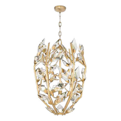 Lustrero de cristal moderno redondo creativo con acabado dorado con hojas de cristal cortadas a mano