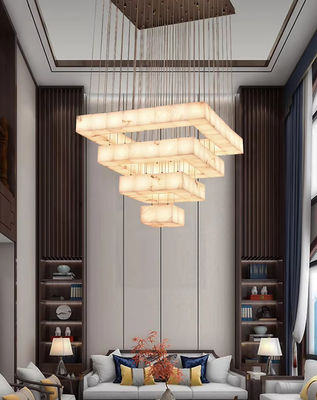 Escalera de mármol de cobre completo Largo colgante de luz diseñador minimalista moderno Villa Salón de estar Decoración creativa lámpara de alabastro