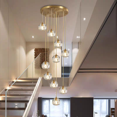 15 KG Cristal Fútbol Todo Cobre Cristal Luz Salón de lujo Apartamento Villa Salón giratorio Escalera Larga lámpara colgante