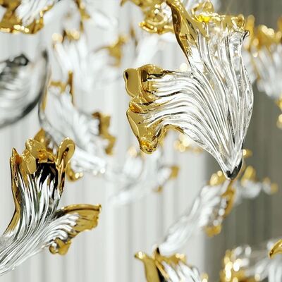 Parte de araña de luces larga, grande y coloreada para vestíbulo, decoración de bodas, pan de oro y cristal